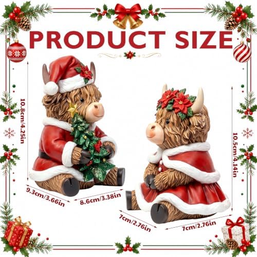 2 Pcs Christmas Highland Cow Figurines, Christmas Table Decor - Image 3