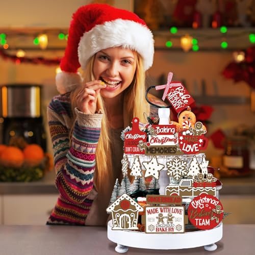 Funnymoom 17 Pcs Christmas Tiered Tray Decor Set Gingerbread Man Tray Decor - Image 5