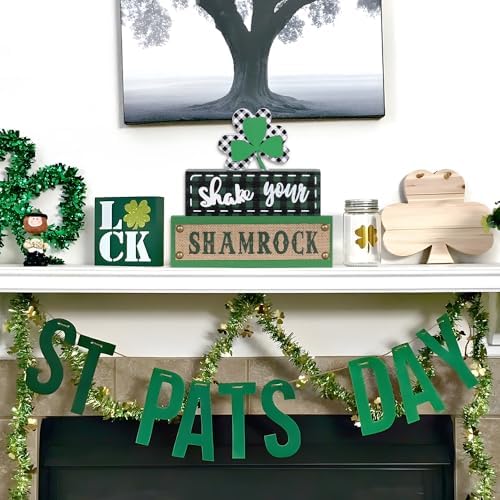 St Patricks Day Decorations, MEETYAMOR 3-Layered Shamrock Wood Block St Patricks Day Decor, Shamrock Ornaments Shake Your SHAMROCK Sign Saint Patricks Day Decorations for the Home, Table, Mantel - Image 4