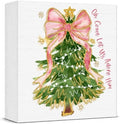 Pink Christmas Decor, Christmas Decorations Indoor, Glitter Coquette Bow Xmas Tree Sign Gift for Women Friends, Rustic Farmhouse Wooden Box Sign for Home Office Bedroom Desk Decor 5x5 Inches by Unknown
