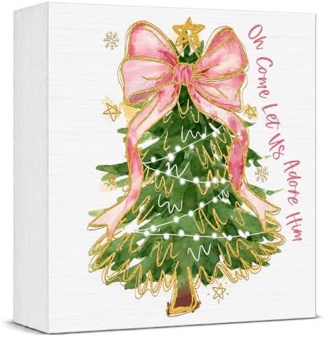 Pink Christmas Decor, Christmas Decorations Indoor, Glitter Coquette Bow Xmas Tree Sign Gift for Women Friends, Rustic Farmhouse Wooden Box Sign for Home Office Bedroom Desk Decor 5x5 Inches by Unknown