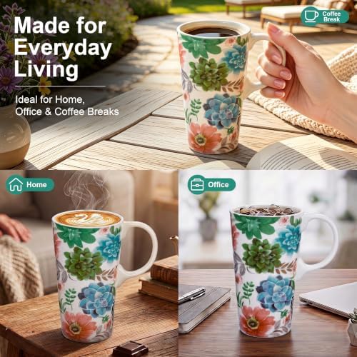 Topadorn 17oz Ceramic Travel Mug with Lid, Succulent Floral Coffee Mug - Image 6