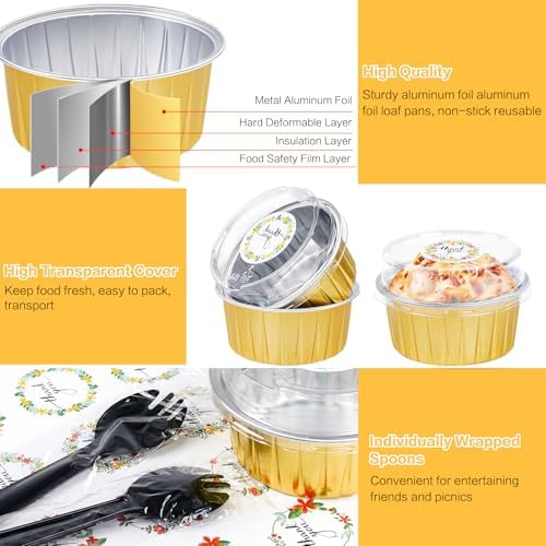30Pcs Mini Cake Pans with Lids Aluminum Foil, ZOXILEN 5oz Disposable Mini Loaf pans with Lids Spoons, Round Small Baking Cups Pie Tins Cheesecake Containers for Party Gold - Image 3