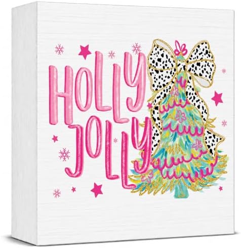 Pink Christmas Decor, Christmas Decorations Indoor, Glitter Bow Flower Xmas Tree Snowflake Holly Jolly Sign Gift for Women Friends, Rustic Wooden Box Sign for Home Office Bedroom Desk Decor 5x5 Inches by Unknown