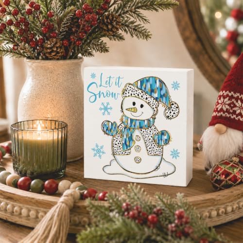 Blue Christmas Decorations, Christmas Decorations Indoor, Glitter Snowman Snowflake Sign Gift for Women Friends, Rustic Wooden Box Sign for Home Office Bedroom Desk Decor 5x5 Inches - Image 3