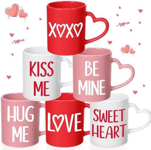 Valentines Coffee Mug Set of 6, 10 oz Valentines Mugs with Handle Pink Red White Ceramic Enamel Cups for Gift Party Supplies by Pickmesh
