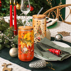 6 Set Christmas Glasses Cups with Bamboo Lid and Glass Straw 16 oz Vintage Christmas Drinking Cup Red Santa Beer Iced Coffee Cup Xmas Tumbler Mugs for Women Men Holiday Party Office Gifts - Image 5
