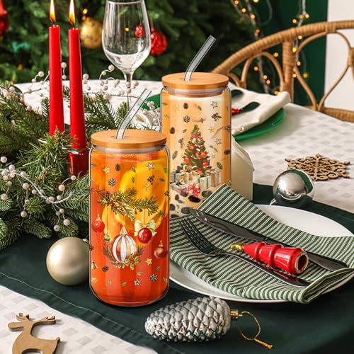 6 Set Christmas Glasses Cups with Bamboo Lid and Glass Straw 16 oz Vintage Christmas Drinking Cup Red Santa Beer Iced Coffee Cup Xmas Tumbler Mugs for Women Men Holiday Party Office Gifts - Image 5