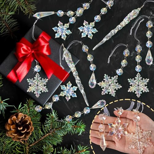 Crystal Christmas Tree Ornaments, 80pcs Iridescent Acrylic Snowflake Icicle - Image 2