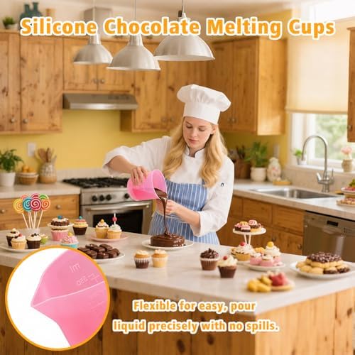 Palksky Silicone Cups for Melting Chocolate, 4PCS Pink Silicone Measuring Cups with 1 Cup & 1.5 Cup Capacity, Reusable Baking Supplies for DIY Chocolate Molds, Melting Chocolate - Image 2