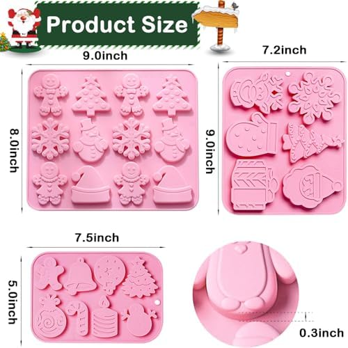 3PCS Christmas Silicone Cookie Molds, Xmas Chocolate Molds Holiday Gummy Candy Butter Mold Wax Melt Mold Christmas Tree Gingerbread Snowman Snowflakes Socks Bells Santa Hat Baking Mold (Xmas-Pink-B) - Image 2