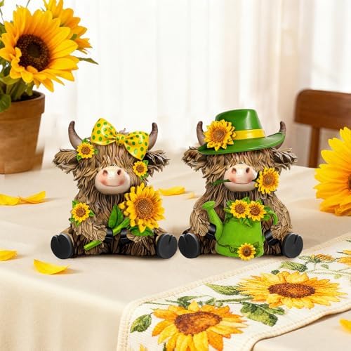 2 Pcs Resin Highland Cow Figurine Decor, Brigh Sunflower Style - Image 6