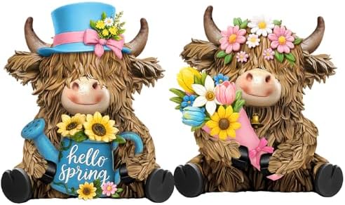 2 Pack Spring Highland Cow Figurine Decor, Spring Table Decor by Burbell