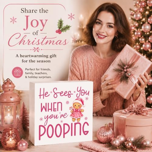 Pink Christmas Bathroom Decor, Funny Gingerbread Christmas Wooden Box Sign - Image 6