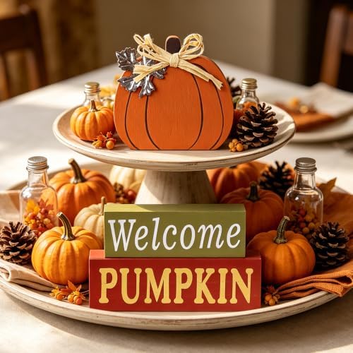 MEETYAMOR Fall Decorations for Home, Large Size 3-Layered Wood Block Pumpkin Sign for Thanksgiving Decor, Thanksgiving Decorations for Home, Autumn Sign with Welcome Lettered Centerpieces - Image 7