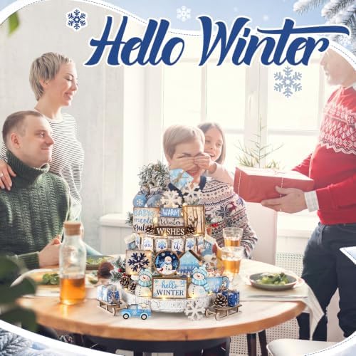 Shellwei 23 Pcs Christmas Tiered Tray Decor Set, Blue Snowman Wood Signs - Image 5