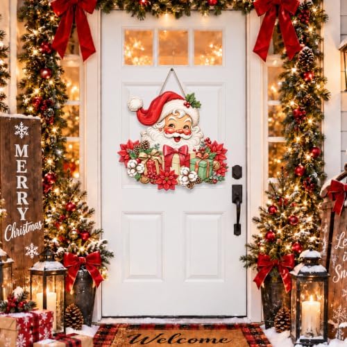 Christmas Decorations Vintage Santa Hanging Wood Sign for Front Door Decor - Image 2