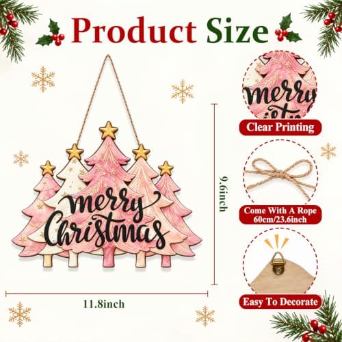 Christmas Decorations Pink Pine Tree Merry Christmas Hanging Wooden Sign - Image 3