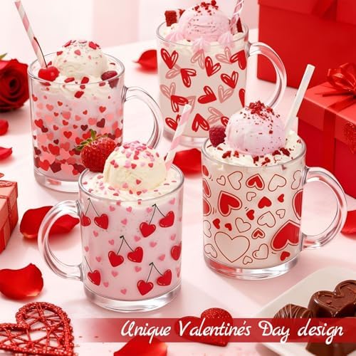 Bokon 4 Pcs Valentine Glass Coffee Mugs, 12 oz, Red Heart - Image 2