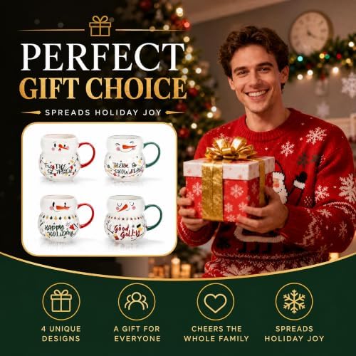 Noamus 4 Pack Christmas Mugs Set, 15oz Ceramic Snowman Coffee Cup, Stackable Holiday Xmas Tea Mug for Hot Cocoa Cold Water Milk, Housewarming Gift Home Decor, Dishwasher Microwave Safe(4 Styles) - Image 5
