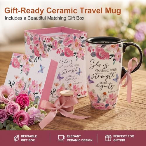 Topadorn 17oz Ceramic Travel Mug with Lid, Inspirational Floral Coffee Mug - Image 4