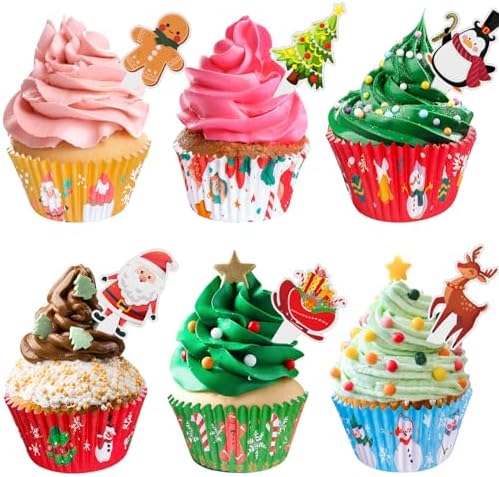 Christmas Cupcake Liners with Toppers Picks, Standard Wrappers Cupcake Disposable Baking Cups Muffin Liners for Xmas Holiday Party Favors, Party Decorations for Christmas Baking Supplies - Image 2