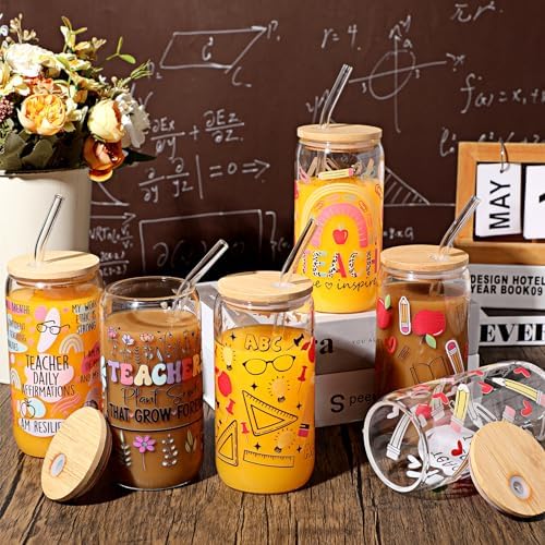 SiliFine 6 Pcs Teacher Pencil Apple Glass Cups, 16 oz with Lids and Straws - Image 5