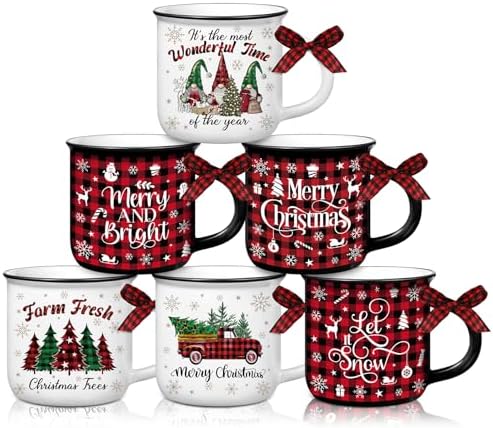 6 Pcs Christmas Mini Coffee Mugs Gifts with Plaid Ribbons Red Black Plaid Xmas Tree Truck 5 oz Christmas Ceramic Cups for Tiered Tray Decor Holiday Party Bar Kitchen Decorations by Suttmin