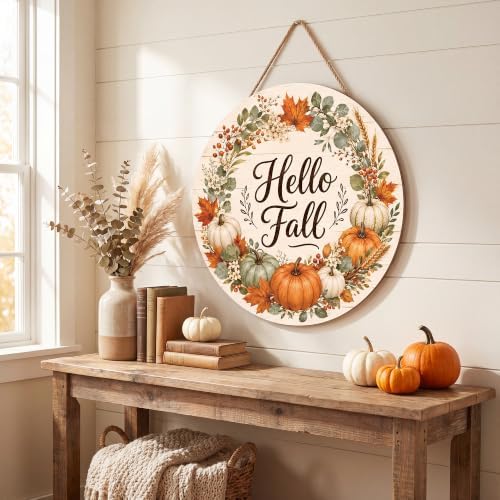 Thanksgiving Decorations - Hello Fall Wooden Wreaths for Front Door - Image 2