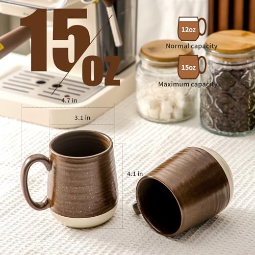HASENSE Porcelain Coffee Mugs Set of 6, 15 Ounce Large Ceramic Coffee Cups Set with Handle for Latte, Tea, Cocoa and Hot Chocolate, Brown Coffee Mugs for Men and Women, Microwave Safe - Image 2