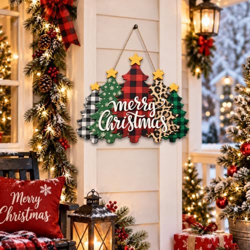 Christmas Decorations Plaid Leopard Christmas Tree Wooden Hanging Sign - Image 4