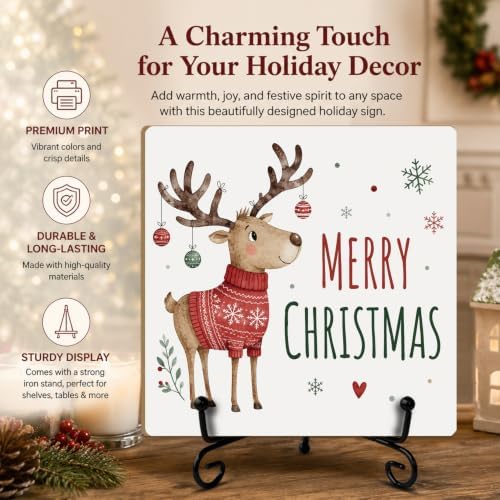 Merry Christmas Decor with Reindeer Wood Plaque with Support Stand - Image 3