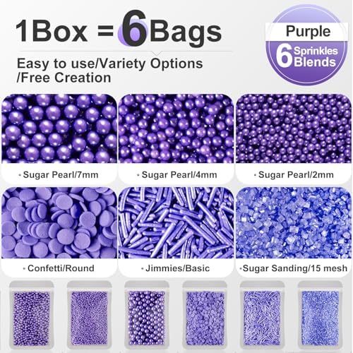 HUEBEATY® 6-in-1 Purple Edible Pearls Sprinkles, Sanding Sugar for Cake Decorating, Cupcakes, Cookies & Ice Cream - 180g, Edible Mardi Gras, Halloween & Mermaid Purple Cake Sprinkles and Decorations - Image 3
