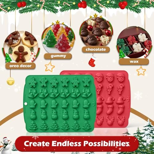 HKNMTT Christmas Silicone molds for Xmas Candy Chocolate Wax Decor, 60 Cavity 11 Shapes Gummy Mould, Including Tree Santa Cane Hat Socks Elk Gingerbread Man Bell Glove Snowman Food Grade DIY Set - Image 5