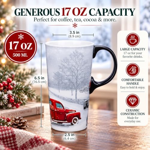 Topadorn 17oz Ceramic Travel Mug with Lid, Christmas Red Truck Coffee Mug - Image 2