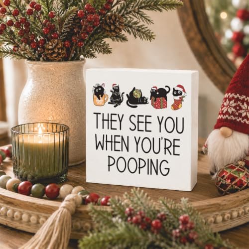 Christmas Bathroom Decor, Funny Black Cat Christmas Decorations, Bathroom Table Decoration They See You When You're Pooping Wooden Box Sign, Home Shelf Desk Decor for Toilet 5x5 Inches - Image 3