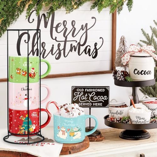 Mulbozy Set of 4 Stackable Christmas Mugs, 15.8 Oz Christmas Coffee Mug with Stand, Christmas Holiday Hot Cocoa Mugs for Mom Family Colleagues Friend & Farmhouse Cocoa Tray Decor - Image 5