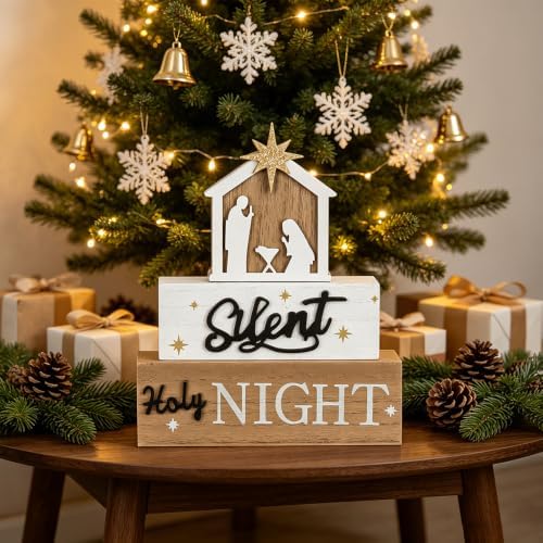 Nativity Sets for Christmas Indoor, MEETYAMOR Large Size 3-Layered Nativity Scene Wooden Block Silent Night Holy Night Sign Decor,Christmas Decorations Indoor for Home, Mantle, Table - Image 5