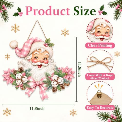 Christmas Decorations Pink Vintage Santa Hanging Wooden Sign for Front Door - Image 3