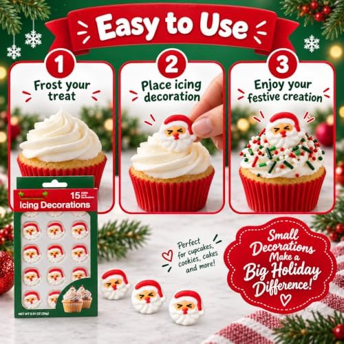 Oasis Supply Christmas Santa Face Edible Icing Decorations – 15 Count – Holiday Cake & Cupcake Toppers for Cookies, Cakes, Cupcakes & Desserts - Image 3