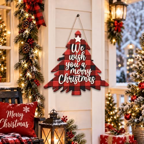 Christmas Decorations Buffalo Plaid Christmas Tree Wooden Hanging Sign - Image 4