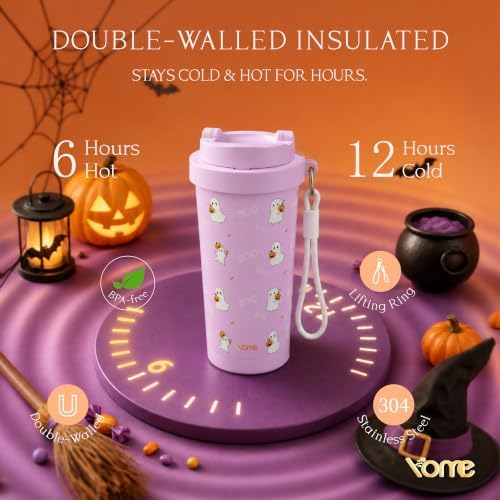 YOME 17oz Halloween Ceramic Lined Insulated Coffee Mug with Infuser for Women Gift | One-handed Pop Open Lid | Stainless Steel |Keep Drinks Cold and Hot| 100% Leak Proof - Image 6