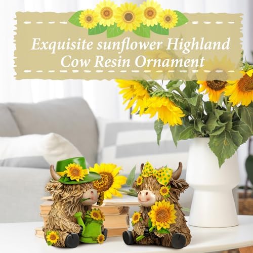 2 Pcs Resin Highland Cow Figurine Decor, Brigh Sunflower Style - Image 5