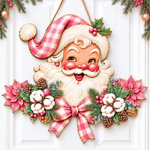 Christmas Decorations Pink Vintage Santa Hanging Wooden Sign for Front Door by GUDIO