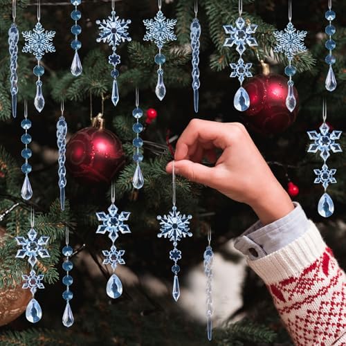 Crystal Christmas Tree Ornaments, Blue Acrylic Snowflake & Icicle, 18pcs - Image 6