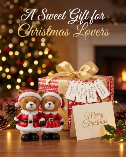 Christmas Decoration Indoor Duo Teddy Bear Figurine - Resin Santa Bears Couple Statue, Festive Winter Tabletop Decor, Holiday Mantel Tiered Tray Accent for Home Decor - Image 5