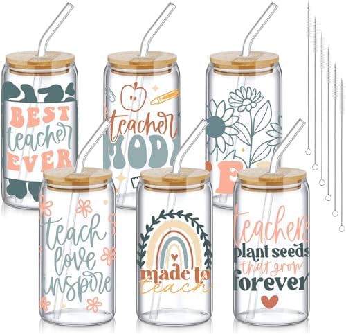 SiliFine 6 Pcs Teacher Gift Glass Cups, 16 oz with Lids and Straws by SiliFine