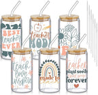 SiliFine 6 Pcs Teacher Gift Glass Cups, 16 oz with Lids and Straws by SiliFine