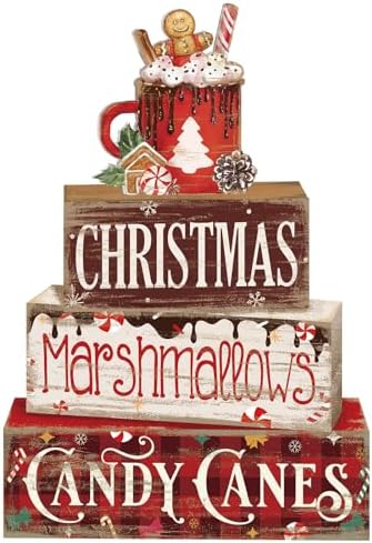 Moucuny 4 Pcs Christmas Hot Cocoa Table Decorations Wooden Xmas Block Signs by Moucuny