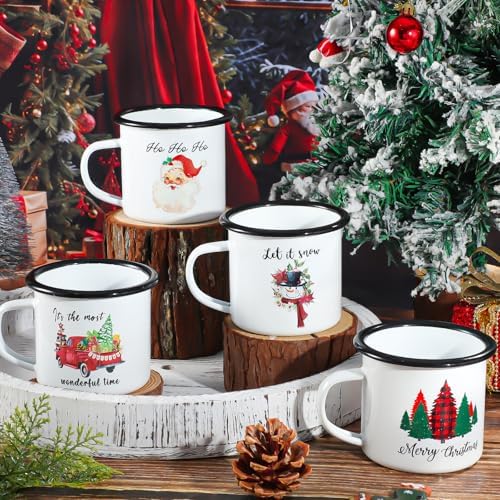 Christmas Enamel Mug Set of 4, 12 oz Christmas Coffee Mugs Hot Chocolate Mug Set Santa Claus Holiday Mugs Set Stocking Stuffer Gift for Kids Women Friends Coworkers Family(Classic Style) - Image 4